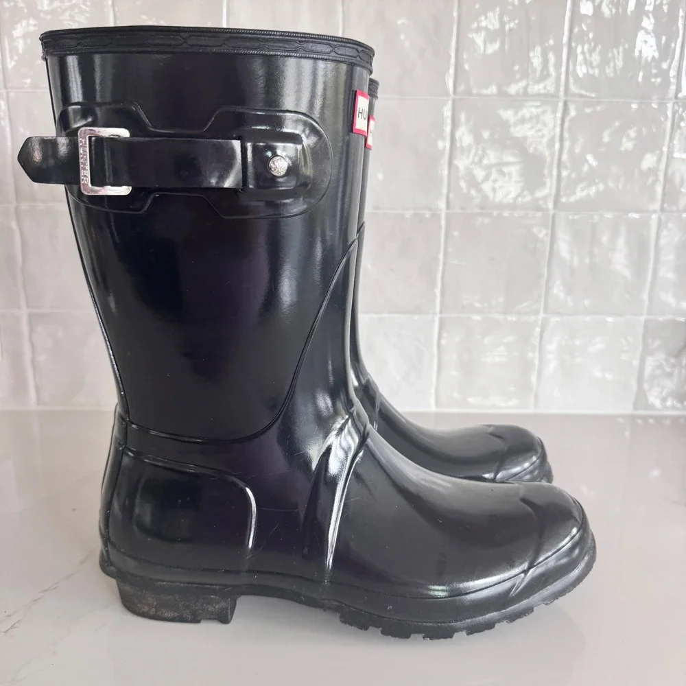Hunter Original Short Gloss Rain Boots‎ Women Size 9 Black WFS1000RGL